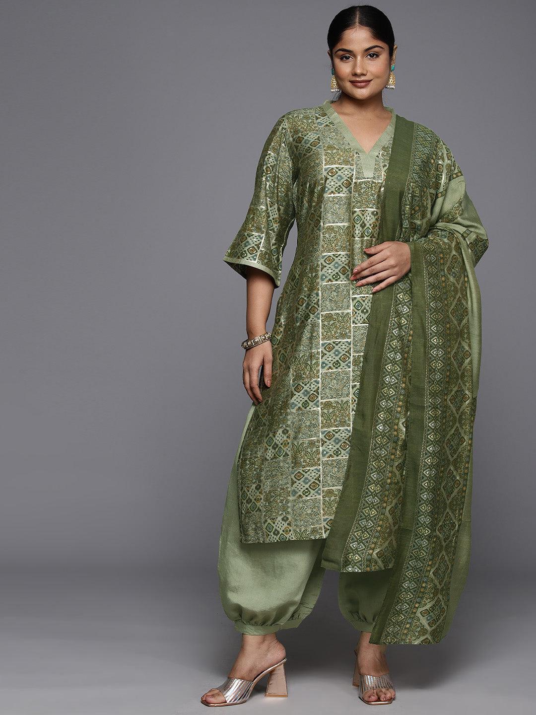 Plus Size Green Printed Silk Blend Straight Kurta With Salwar & Dupatta - Jashvi