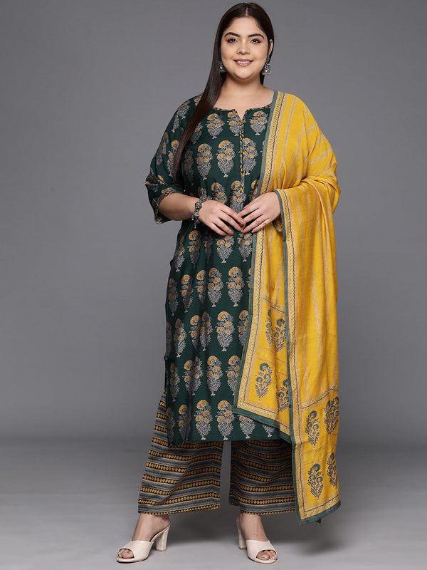 Plus Size Green Printed Silk Blend Straight Kurta With Trousers & Dupatta - Jashvi