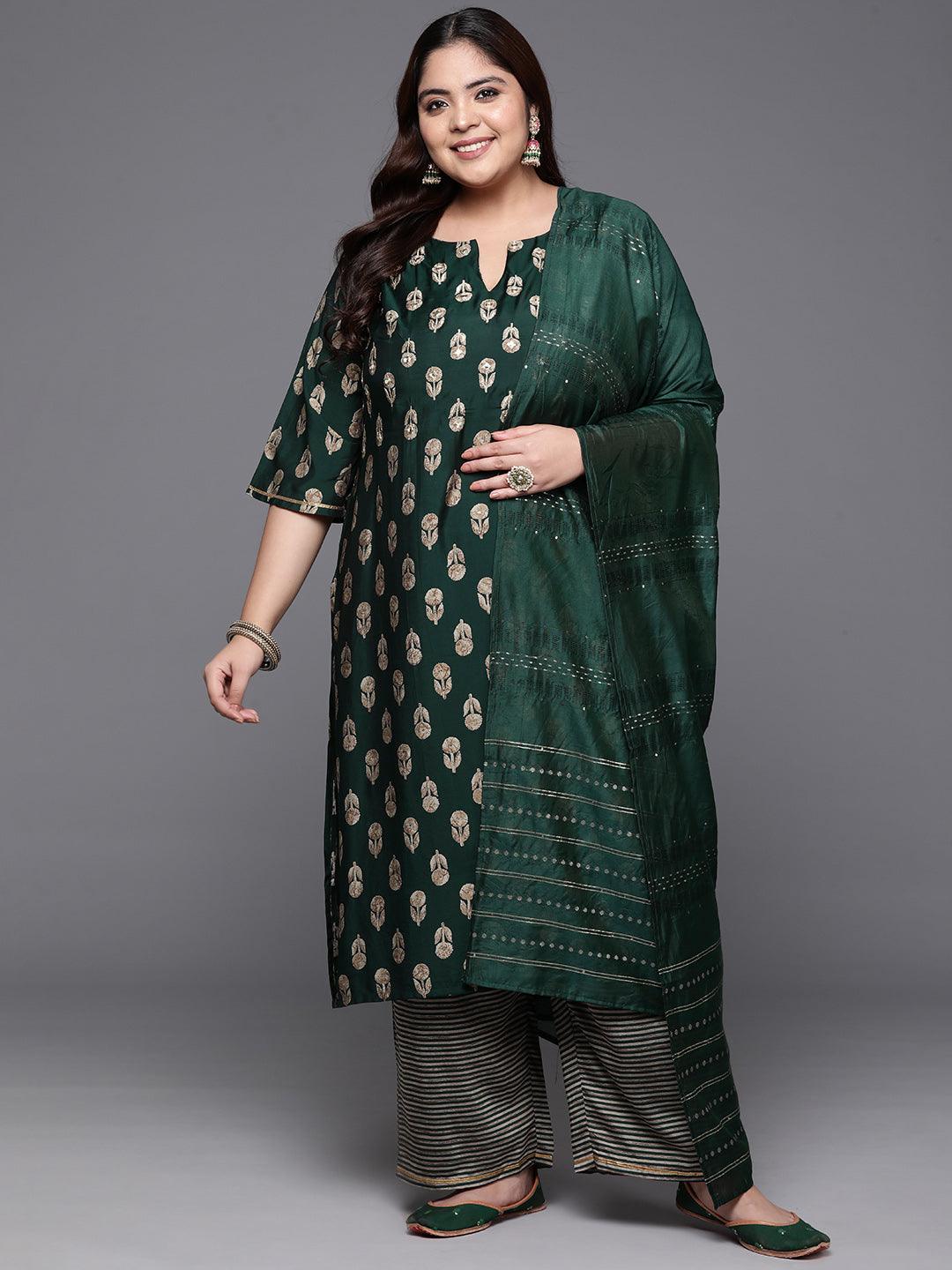 Plus Size Green Printed Silk Blend Straight Kurta With Trousers & Dupatta - Jashvi