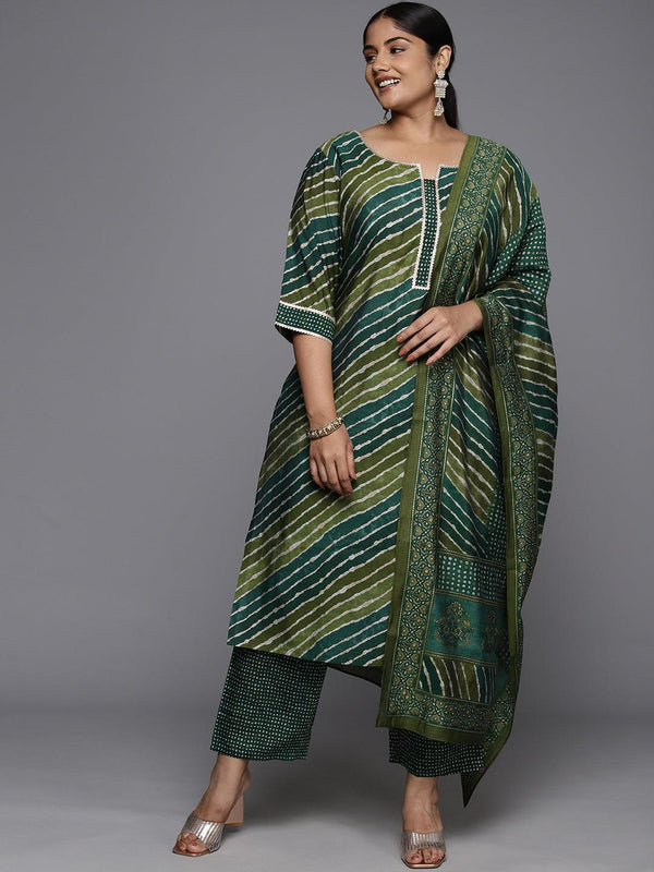 Plus Size Green Printed Silk Blend Straight Kurta With Trousers & Dupatta - Jashvi