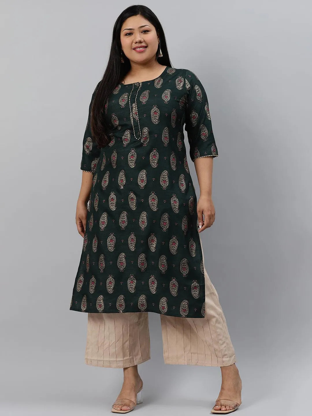 Plus Size Green Printed Silk Kurta - Jashvi