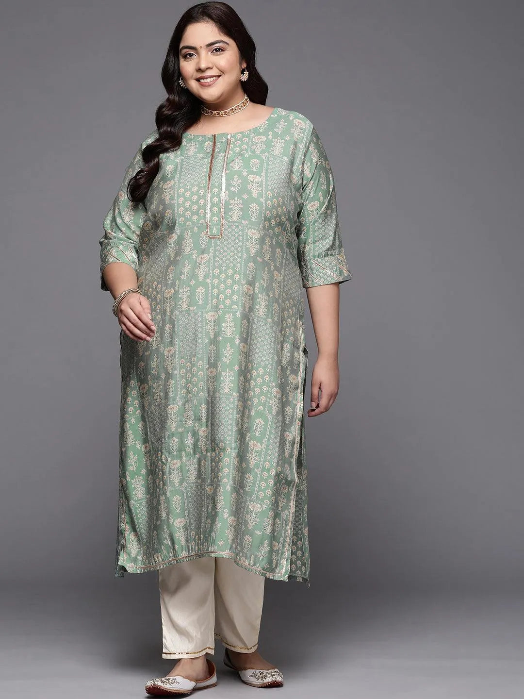 Plus Size Green Printed Silk Straight Kurta - Jashvi