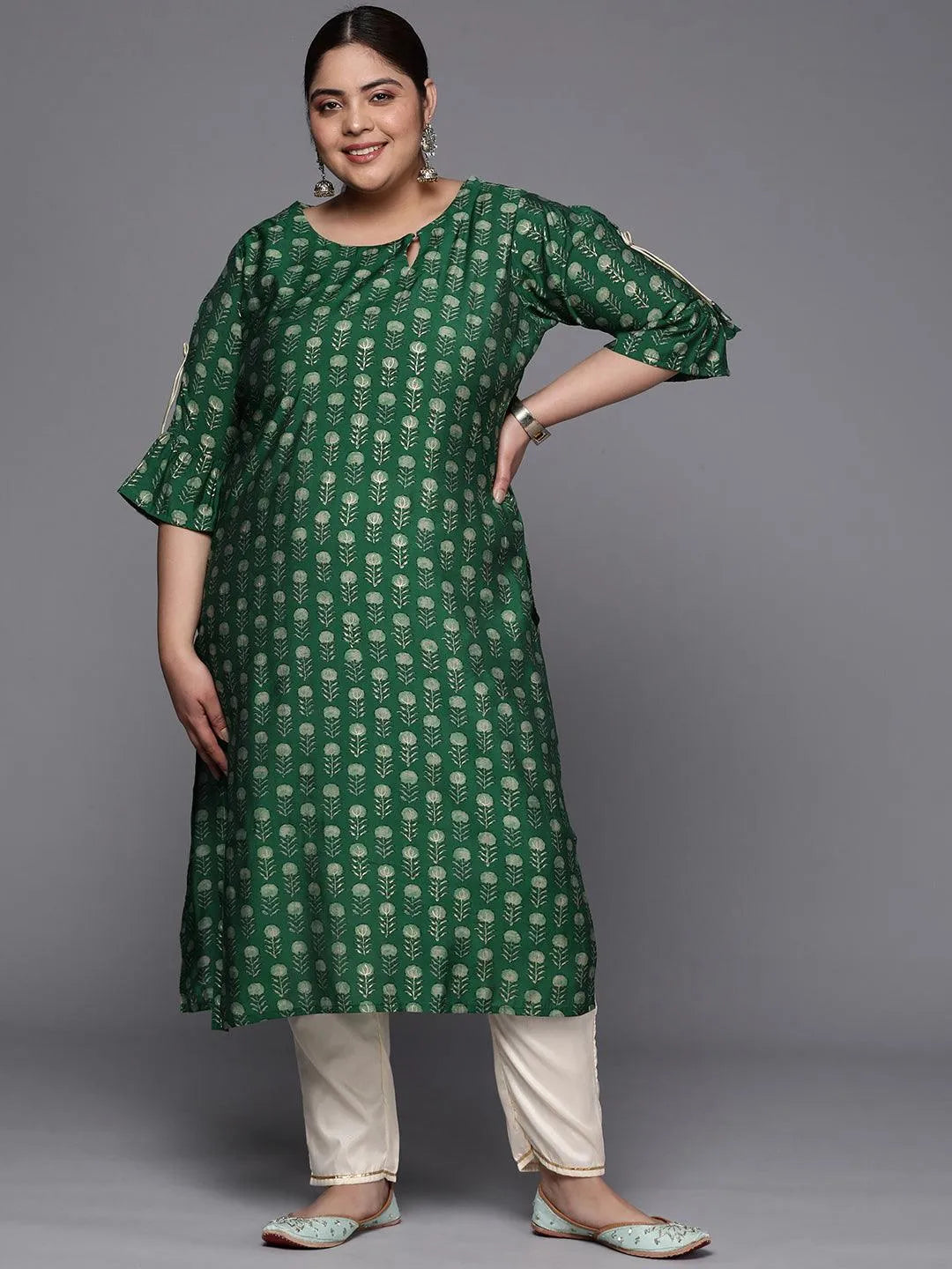 Plus Size Green Printed Silk Straight Kurta - Jashvi