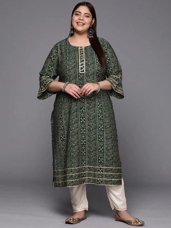 Plus Size Green Printed Silk Straight Kurta - Jashvi