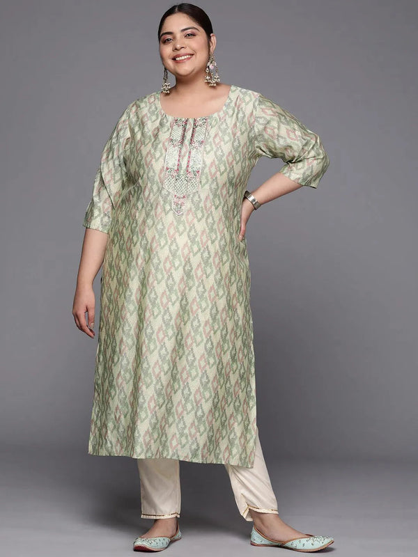 Plus Size Green Printed Silk Straight Kurta - Jashvi