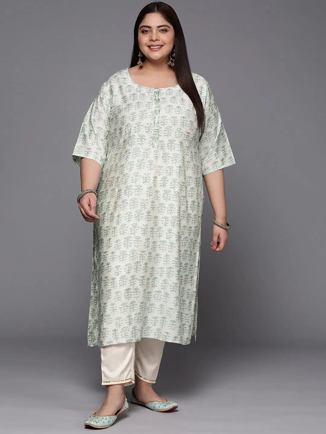 Plus Size Green Printed Silk Straight Kurta - Jashvi