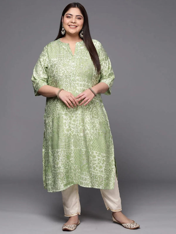 Plus Size Green Printed Silk Straight Kurta - Jashvi