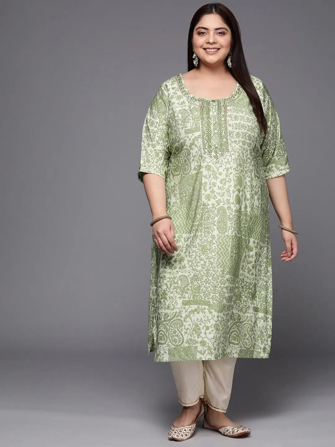 Plus Size Green Printed Silk Straight Kurta - Jashvi