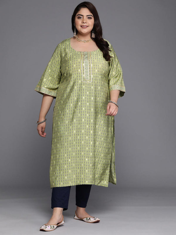 Plus Size Green Printed Silk Straight Kurta - Jashvi