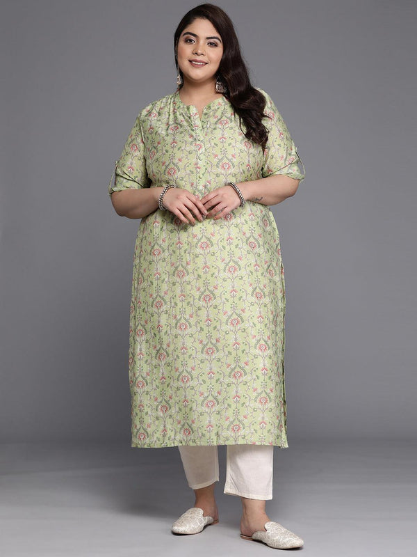 Plus Size Green Printed Silk Straight Kurta - Jashvi