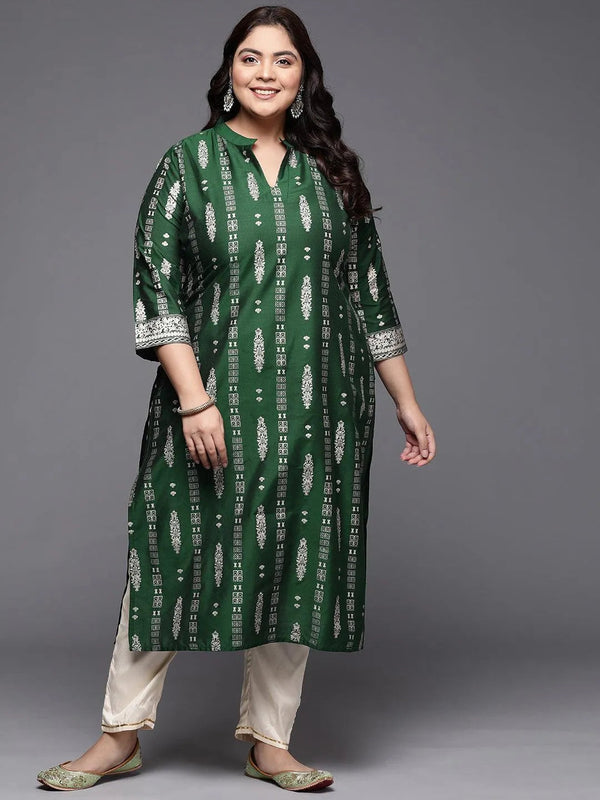 Plus Size Green Printed Silk Straight Kurta - Jashvi