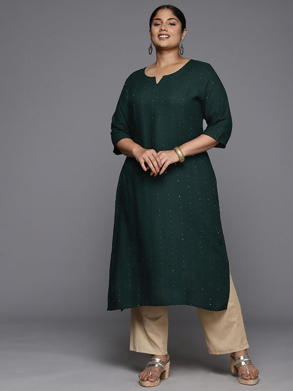 Plus Size Green Rayon Embroidered Straight Kurta - Jashvi