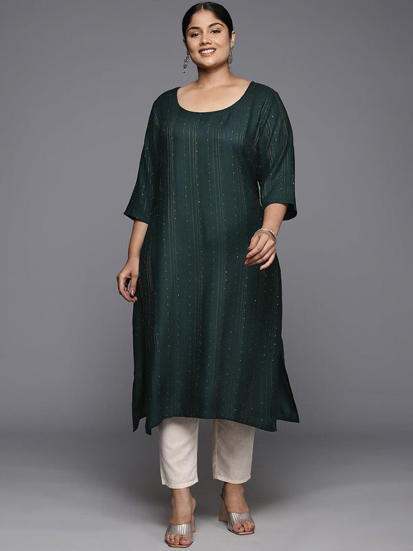 Plus Size Green Rayon Embroidered Straight Kurta - Jashvi