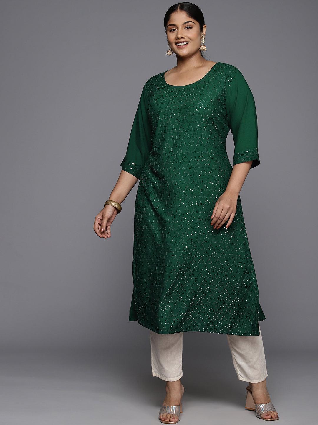 Plus Size Green Rayon Embroidered Straight Kurta - Jashvi