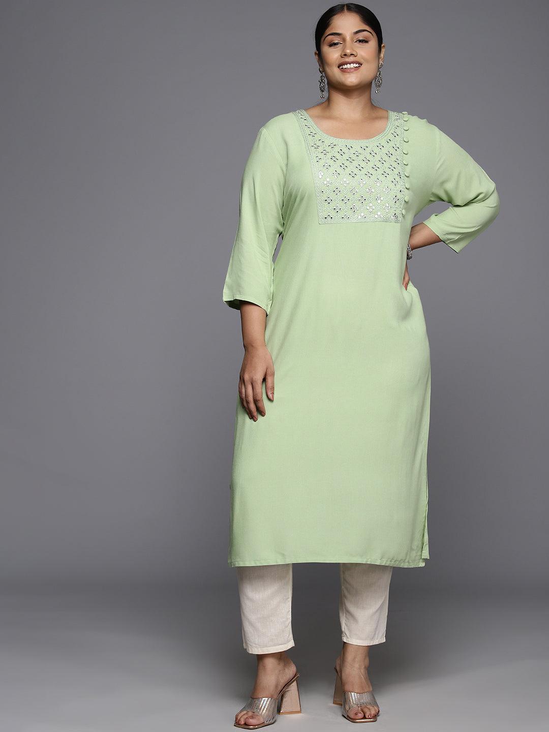 Plus Size Green Rayon Yoke Design Straight Kurta - Jashvi