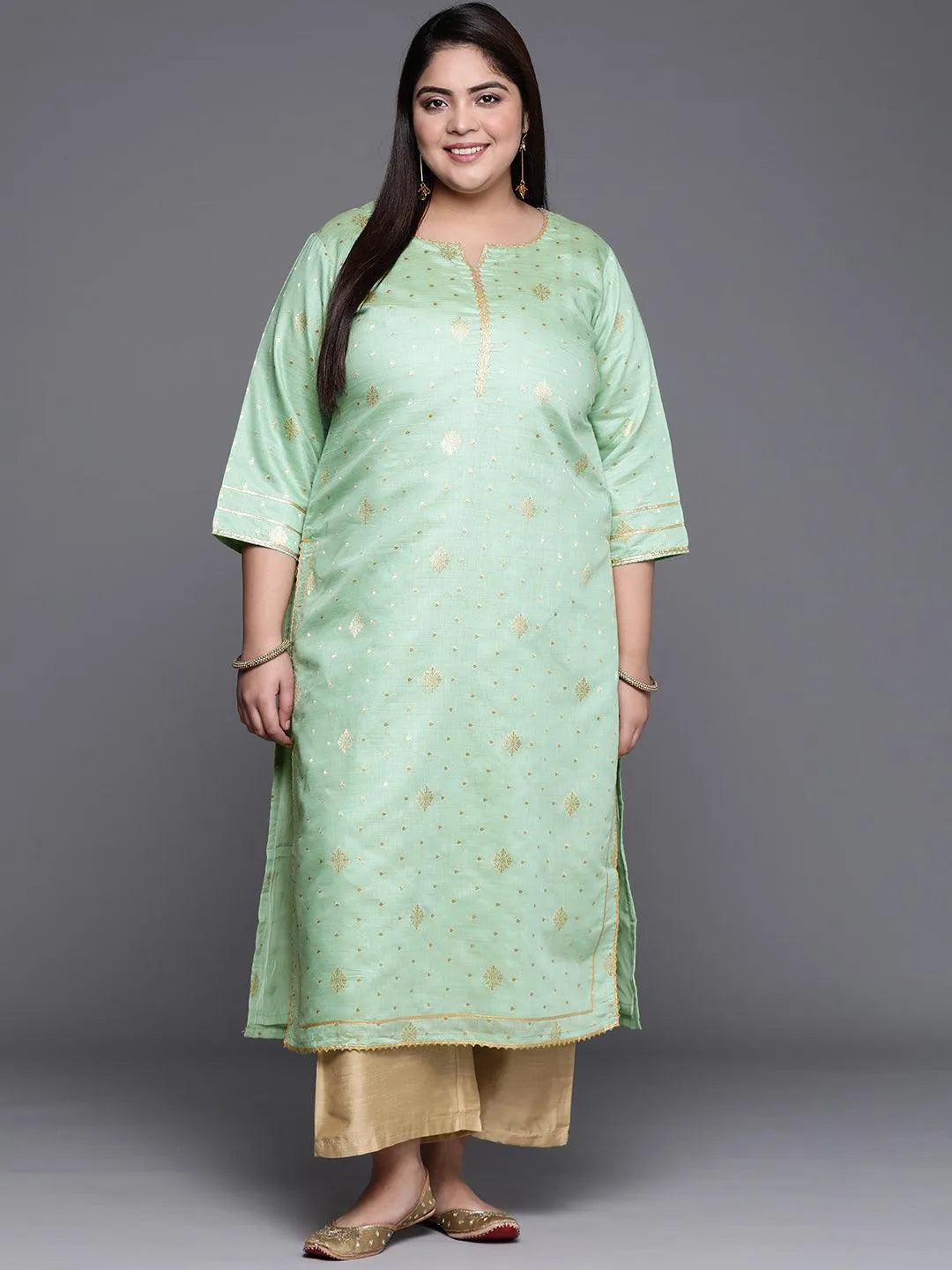 Plus Size Green Self Design Chanderi Silk Straight Kurta - Jashvi