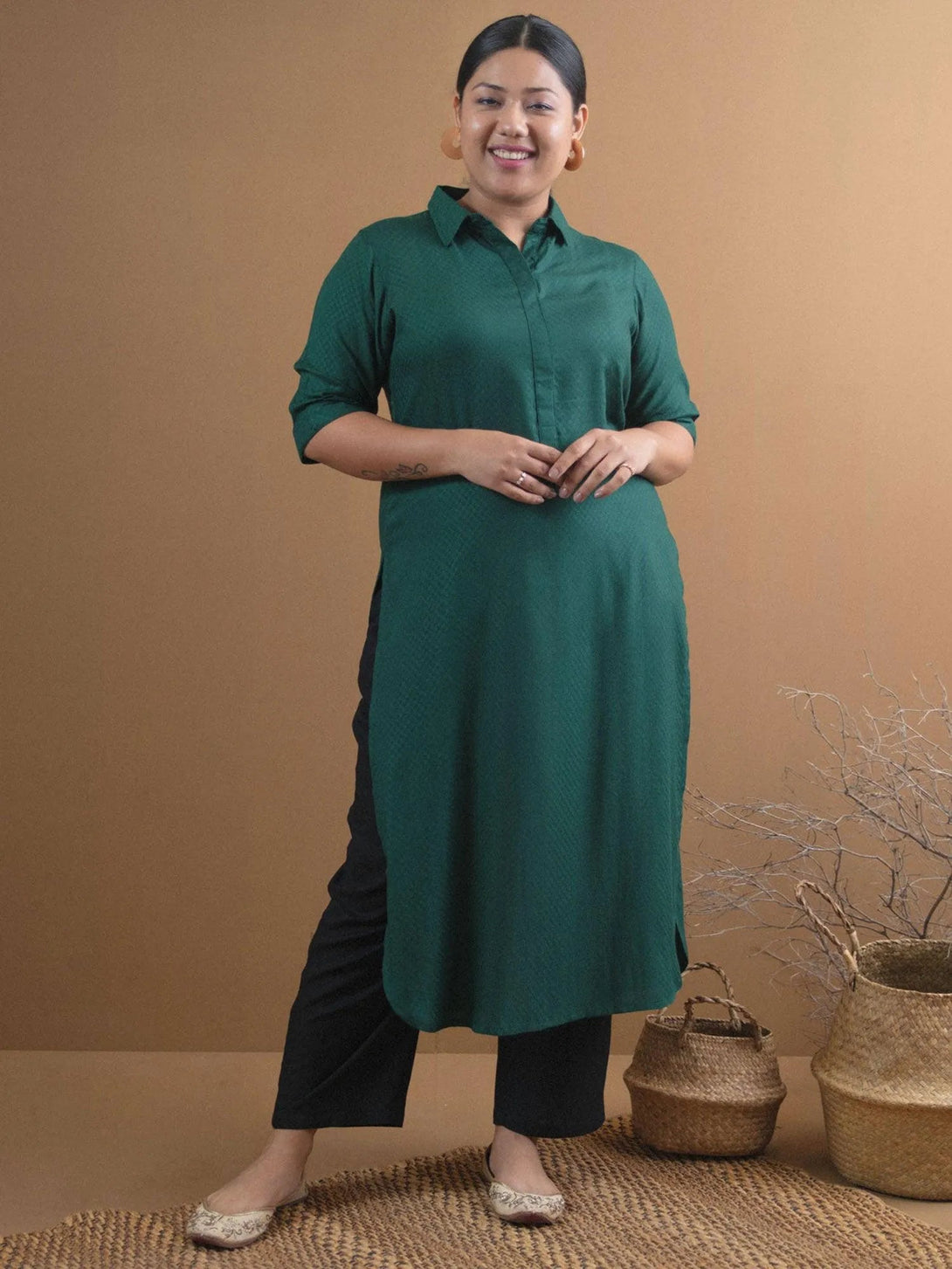 Plus Size Green Self Design Rayon Kurta - Jashvi