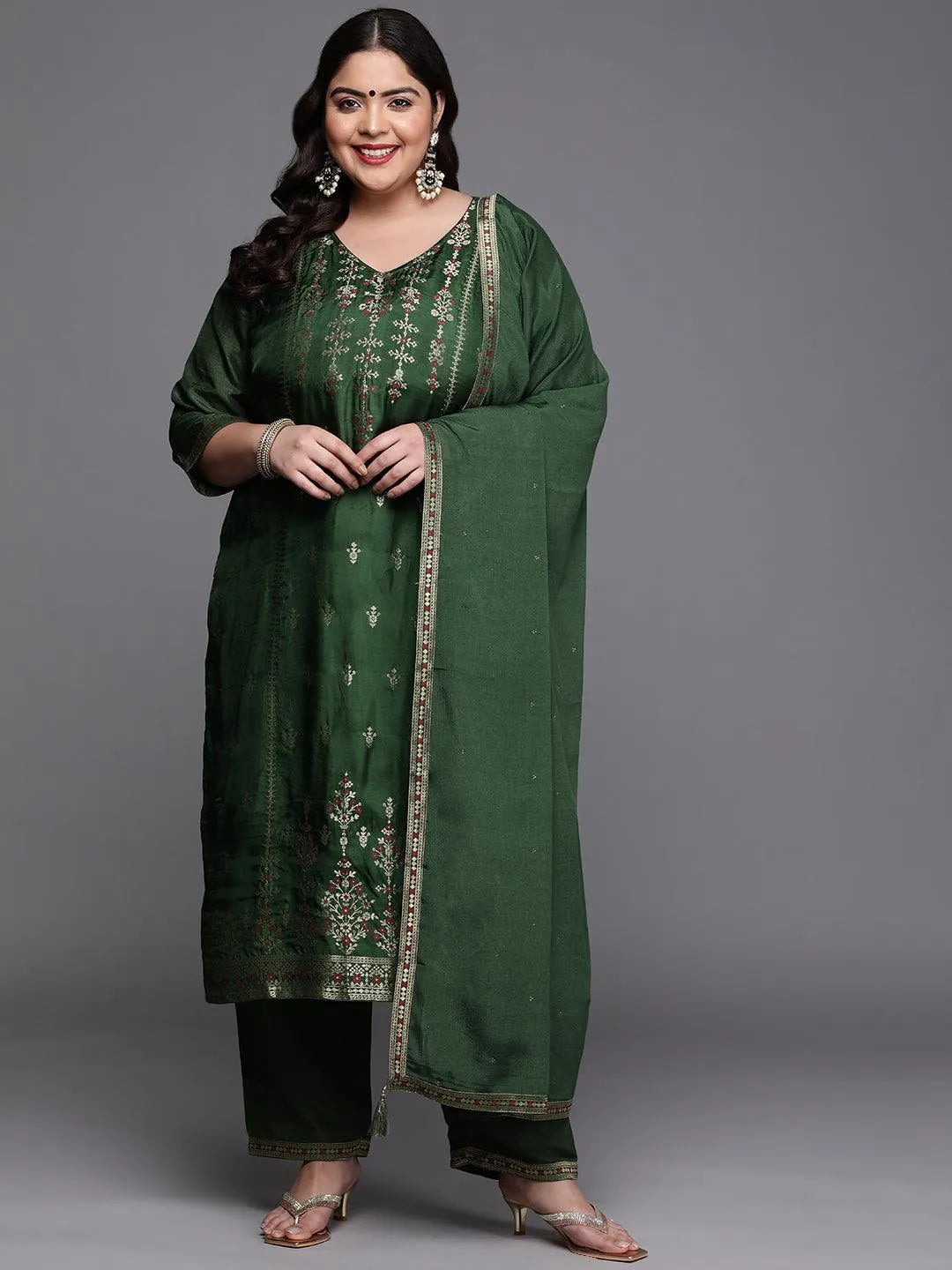 Plus Size Green Self Design Silk Blend Suit Set - Jashvi