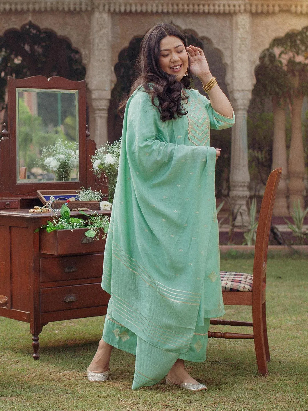 Plus Size Green Self-Design Silk Suit Set - Jashvi