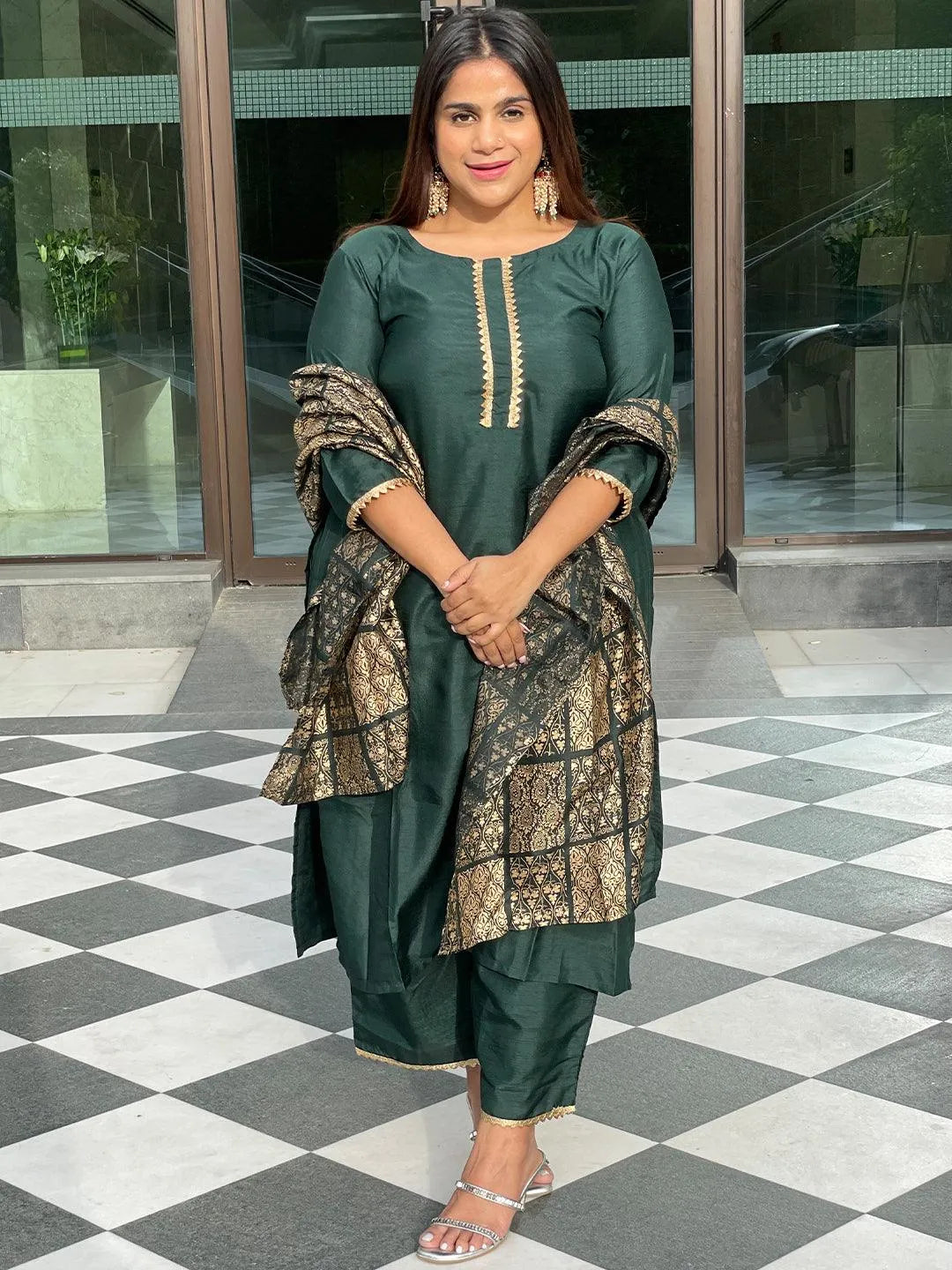 Plus Size Green Solid Chanderi Suit Set - Jashvi