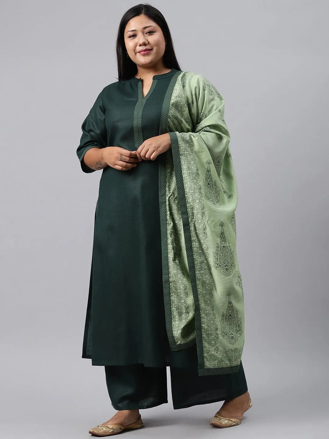 Plus Size Green Solid Cotton Suit Set - Jashvi