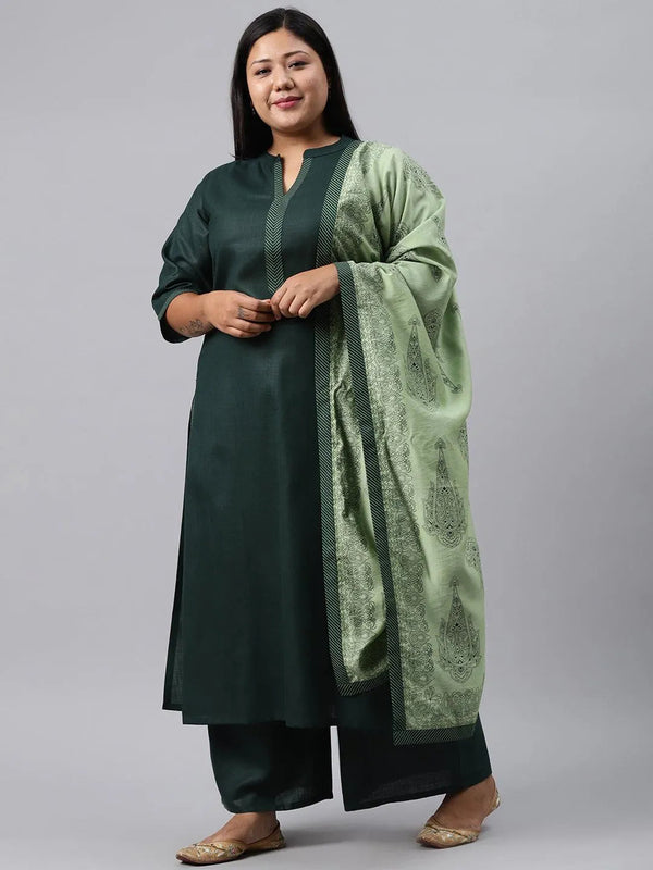 Plus Size Green Solid Cotton Suit Set - Jashvi