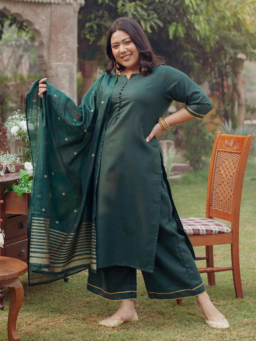 Plus Size Green Solid Cotton Suit Set - Jashvi