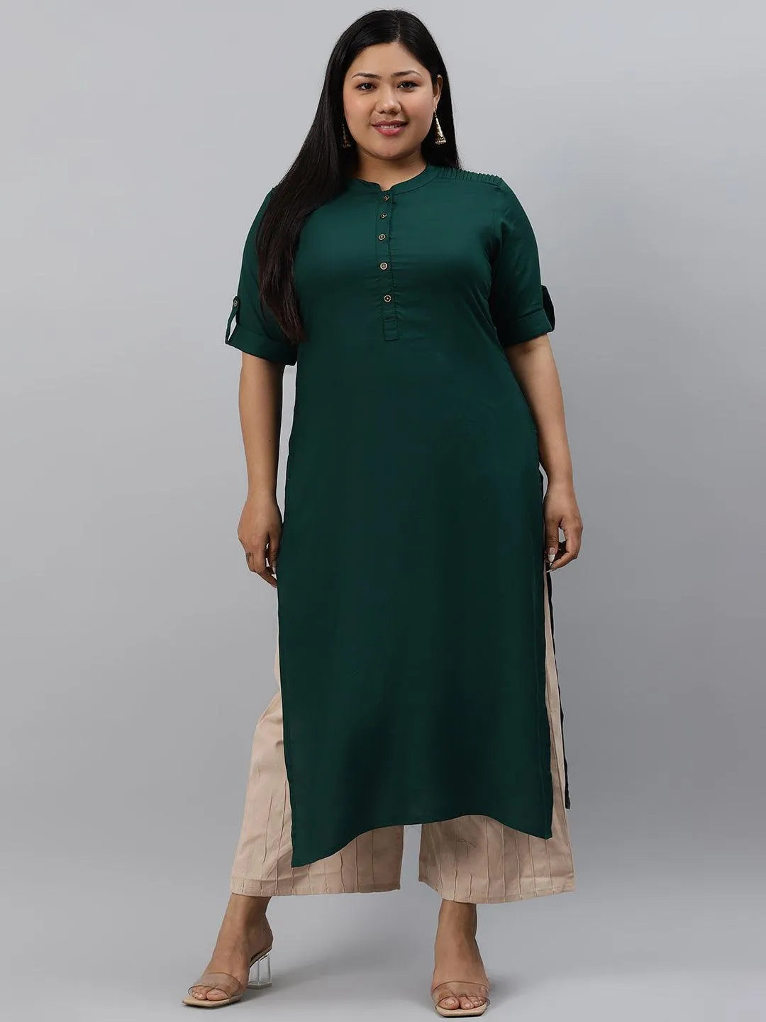 Plus Size Green Solid Rayon Kurta - Jashvi