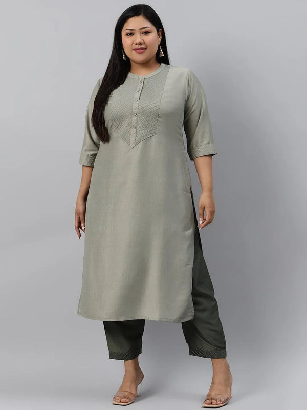 Plus Size Green Solid Silk Kurta - Jashvi