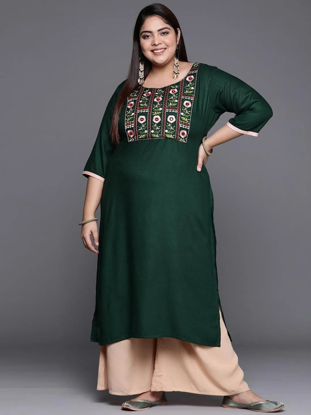 Plus Size Green Solid Wool Kurta - Jashvi