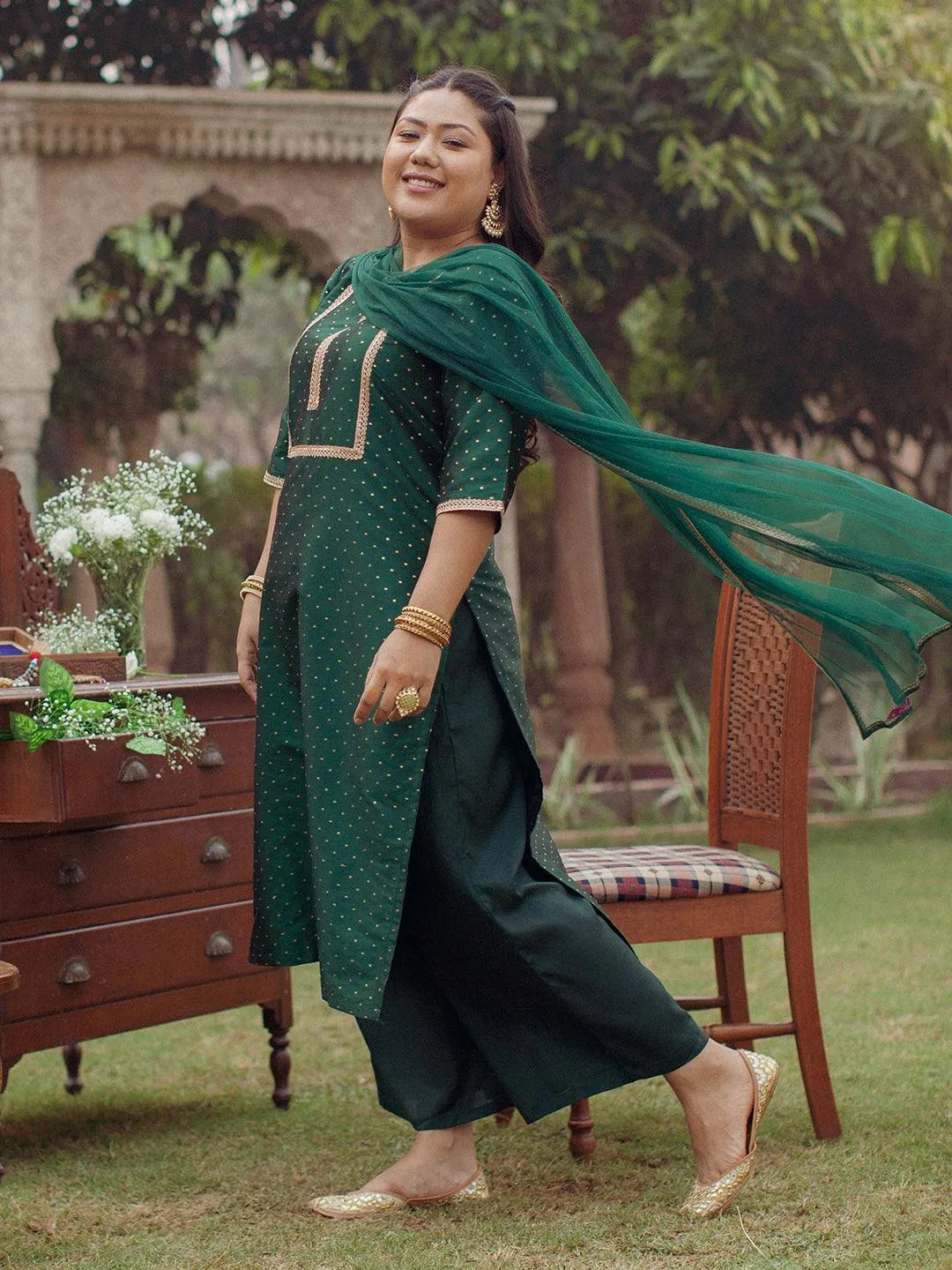 Plus Size Green Woven Design Art Silk Suit Set - Jashvi