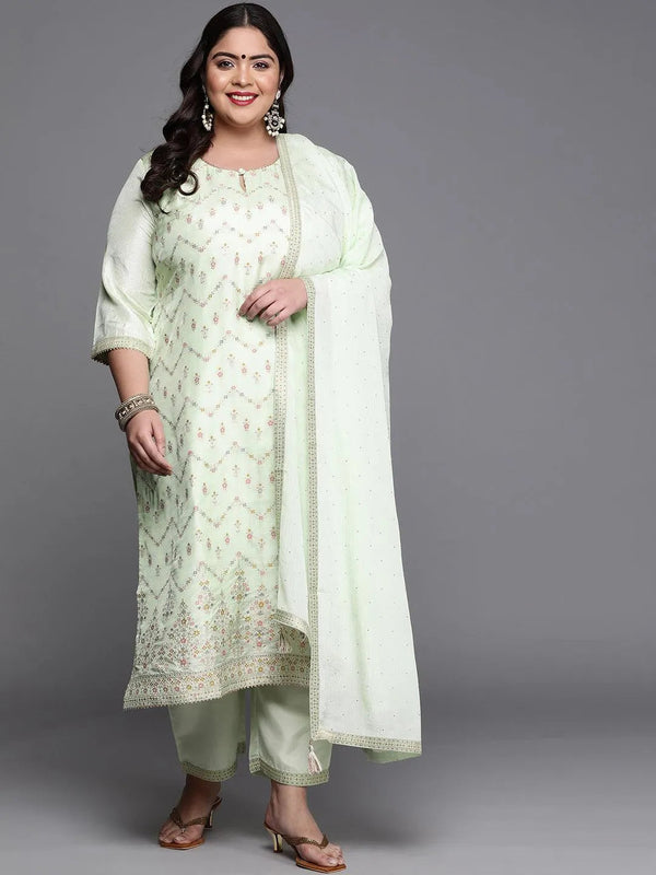 Plus Size Green Woven Design Silk Blend Suit Set - Jashvi