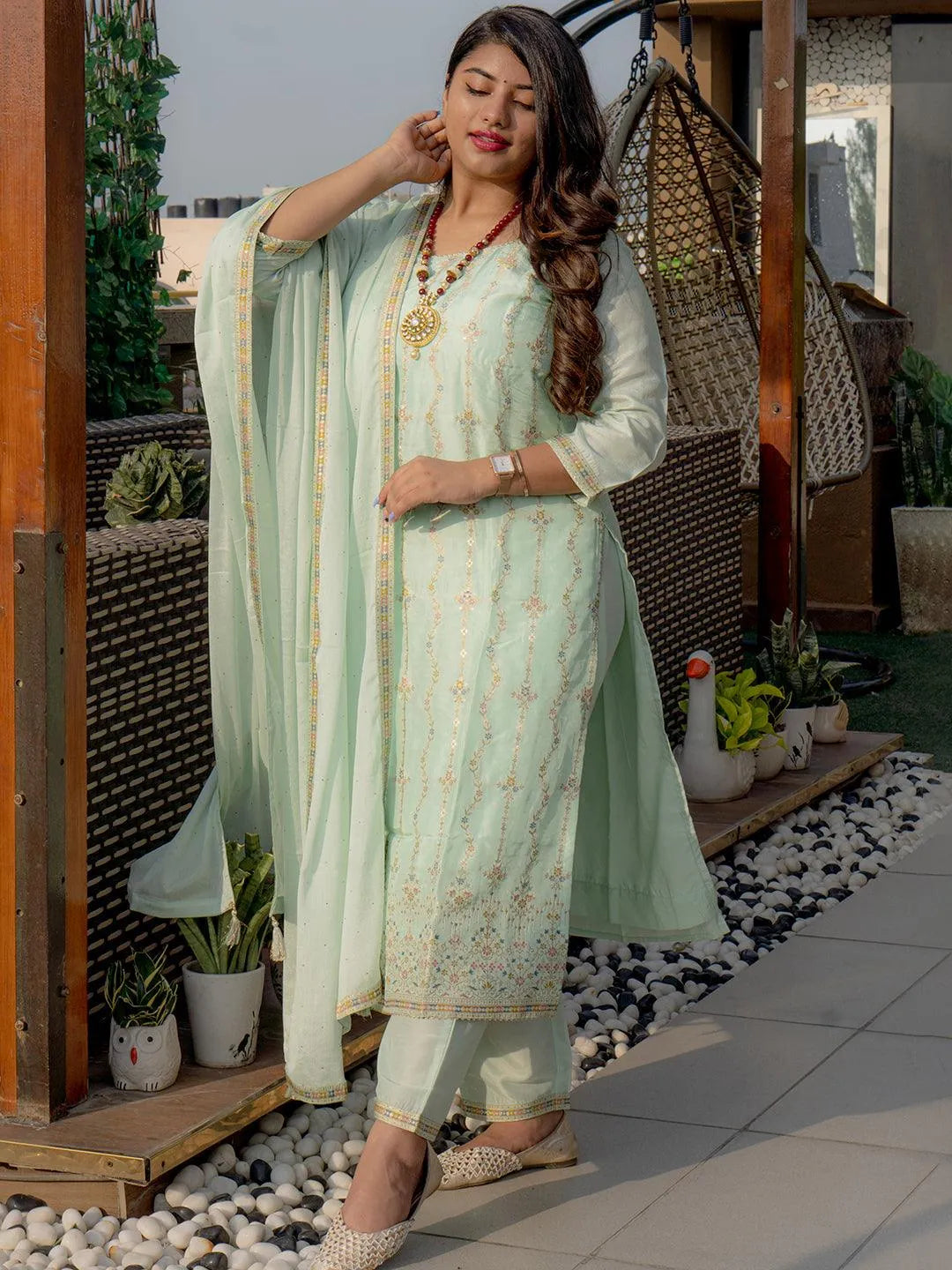 Plus Size Sea Green Woven Design Silk Blend Suit Set - Jashvi