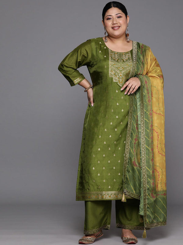 Plus Size Green Woven Design Silk Blend Straight Suit Set - Jashvi