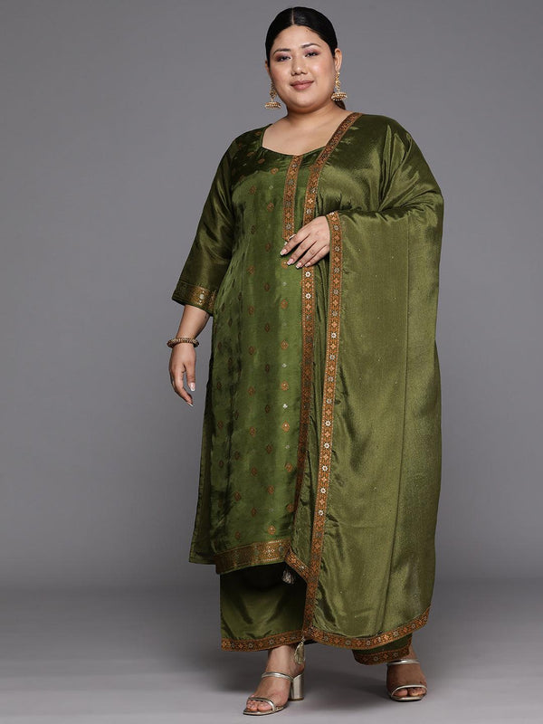 Plus Size Green Woven Design Silk Blend Straight Suit Set - Jashvi