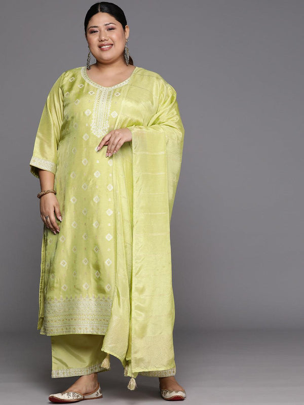 Plus Size Green Woven Design Silk Blend Straight Suit Set - Jashvi