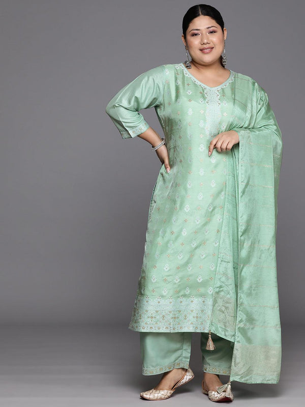 Plus Size Green Woven Design Silk Blend Straight Suit Set - Jashvi