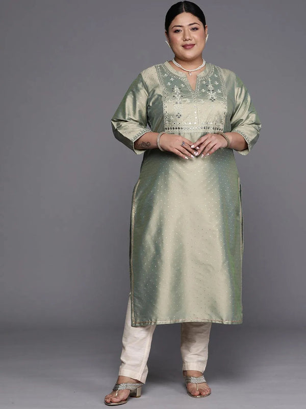 Plus Size Green Yoke Design Art Silk Straight Kurta - Jashvi