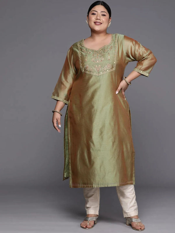 Plus Size Green Yoke Design Chanderi Cotton Straight Kurta - Jashvi