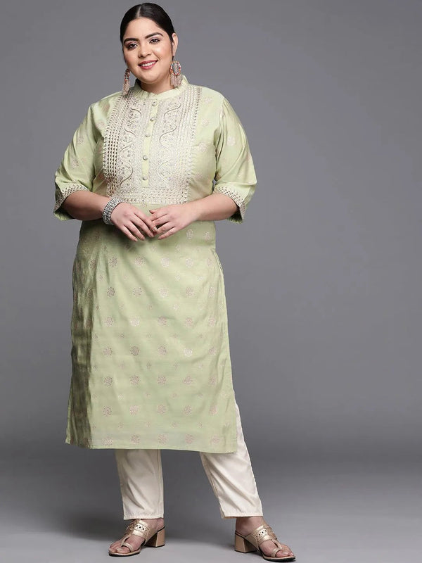 Plus Size Green Yoke Design Chanderi Silk Kurta - Jashvi