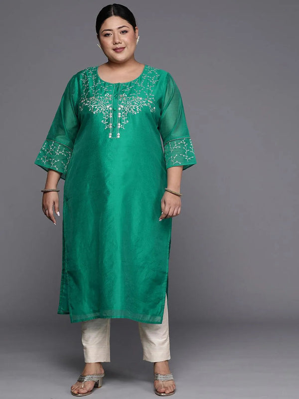 Plus Size Green Yoke Design Chanderi Silk Straight Kurta - Jashvi