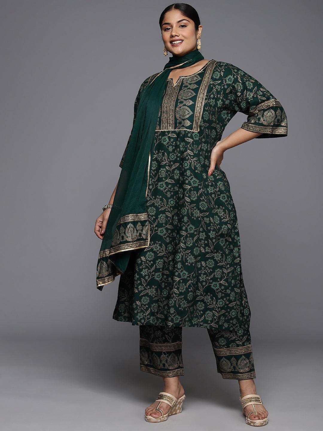 Plus Size Green Yoke Design Rayon A-Line Kurta With Trousers & Dupatta - Jashvi