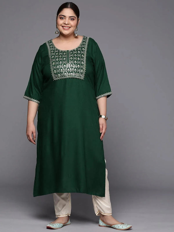 Plus Size Green Yoke Design Rayon Straight Kurta - Jashvi