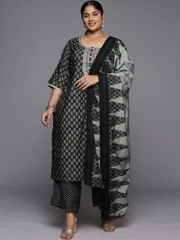 Plus Size Green Yoke Design Silk Blend Straight Kurta With Trousers & Dupatta - Jashvi