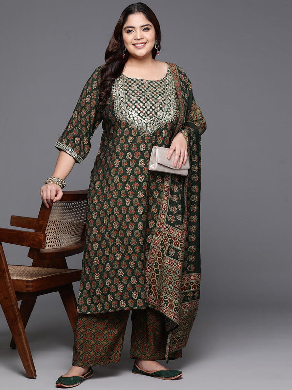 Plus Size Green Yoke Design Silk Blend Straight Kurta With Trousers & Dupatta - Jashvi