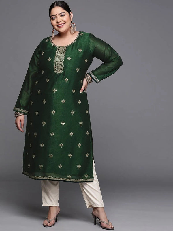 Plus Size Green Yoke Design Silk Kurta - Jashvi