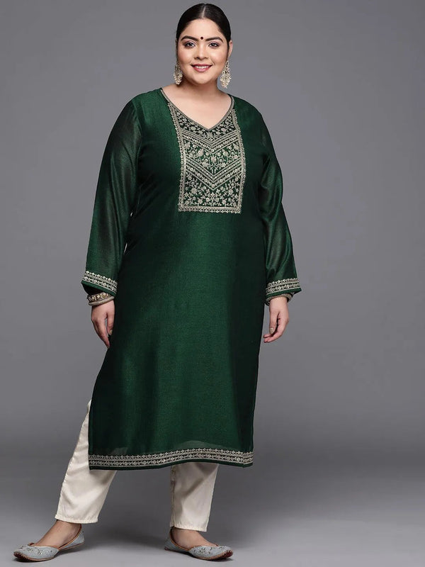 Plus Size Green Yoke Design Silk Kurta - Jashvi