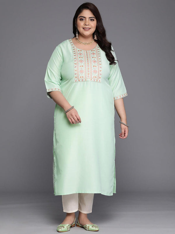 Plus Size Green Yoke Design Silk Straight Kurta - Jashvi