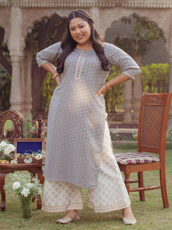 Plus Size Grey Chanderi Silk Kurta - Jashvi