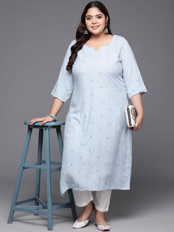 Plus Size Grey Embroidered Rayon Straight Kurta - Jashvi